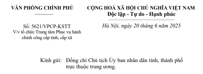 Toàn văn Công văn 5621/VPCP-KSTT về tổ chức Trung tâm Phục vụ hành chính công cấp tỉnh cấp xã 
