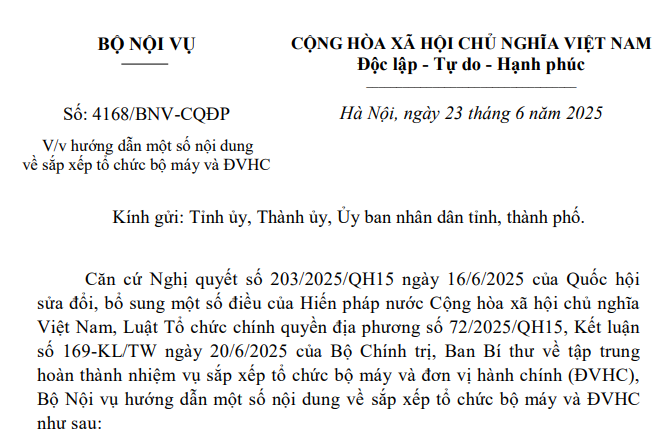 Đã có Công văn 4168/BNV-CQĐP hướng dẫn sắp xếp bộ máy và đơn vị hành chính