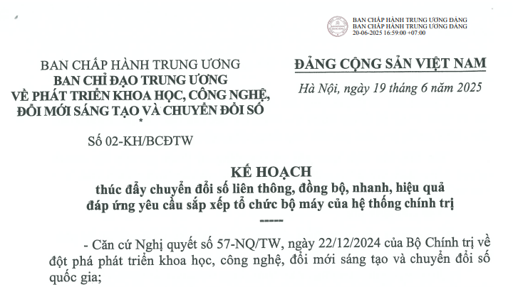 Đã có Kế hoạch 02-KH/BCĐTW về thúc đẩy chuyển đổi số liên thông, đồng bộ, đáp ứng sắp xếp tổ chức bộ máy