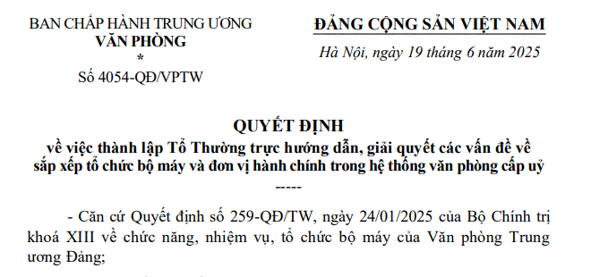 Quyết định 4054: Chính thức thành lập Tổ Thường trực hướng dẫn sắp xếp tổ chức bộ máy và đơn vị hành chính
