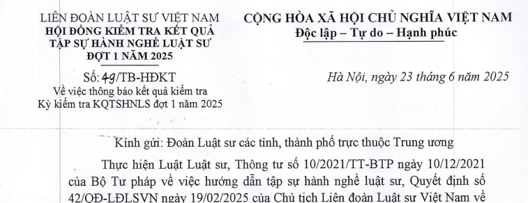 Chính thức đã có kết quả kiểm tra kỳ kiểm tra tập sự hành nghề luật sư đợt 1 năm 2025 