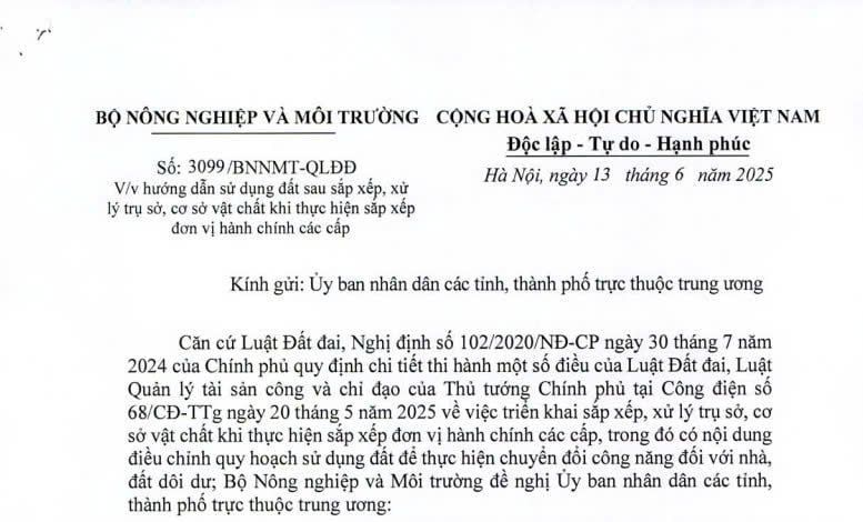 Công văn 3099/BNNMT-QLĐĐ: Hướng dẫn sử dụng đất sau xử lý trụ sở khi sắp xếp đơn vị hành chính các cấp