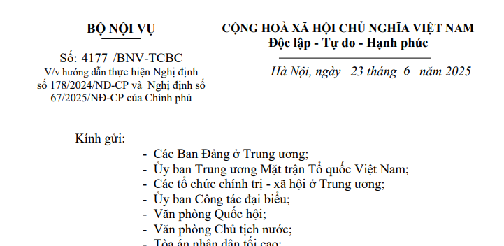 Đã có Công văn 4177/BNV-TCBC hướng dẫn thực hiện Nghị định 178/2024 và Nghị định 67/2025