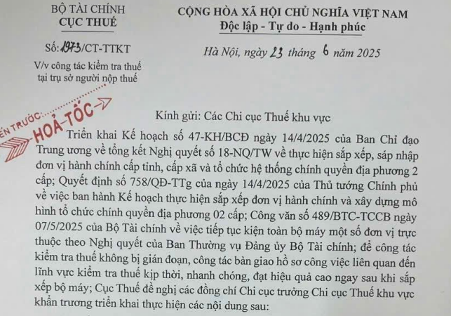 Đã có Công văn 1973/CT-TTKT về công tác kiểm tra thuế tại trụ sở người nộp thuế