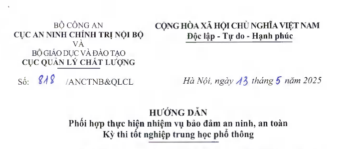 Đã có Hướng dẫn 818/ANCTNB&QLCL về an ninh an toàn Kỳ thi tốt nghiệp Trung học phổ thông