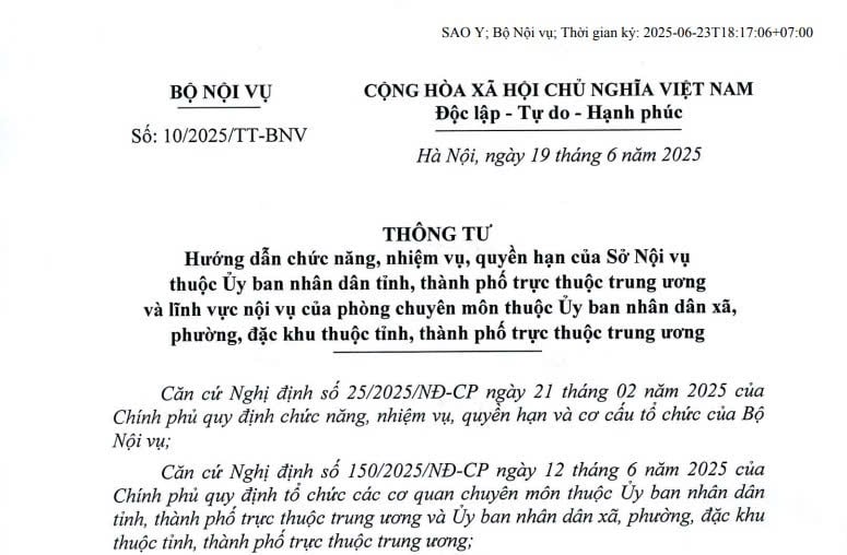 Đã có Thông tư 10/2025/TT-BNV về Sở Nội vụ thuộc UBND cấp tỉnh và lĩnh vực nội vụ của phòng chuyên môn thuộc UBND cấp xã
