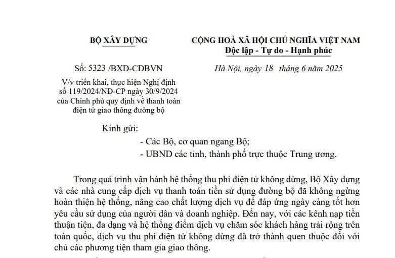 Công văn 5323/BXD-CĐBVN: Triển khai Nghị định 119/2024 về thanh toán điện tử giao thông đường bộ 