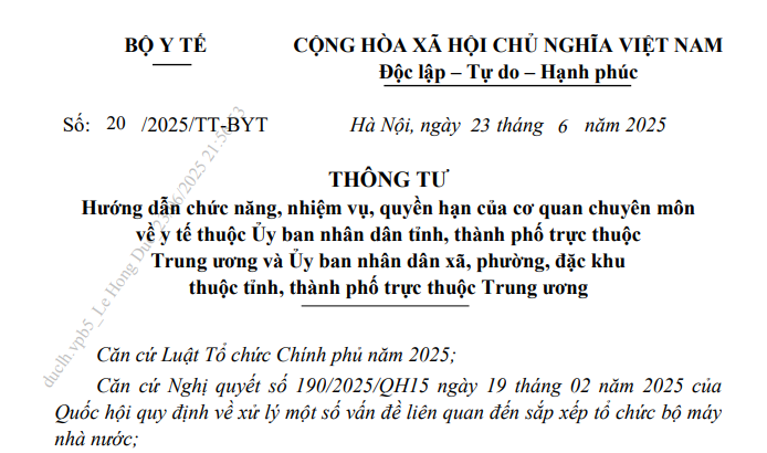 Đã có Thông tư 20/2025/TT-BYT hướng dẫn cơ quan chuyên môn về y tế thuộc UBND cấp tỉnh, xã