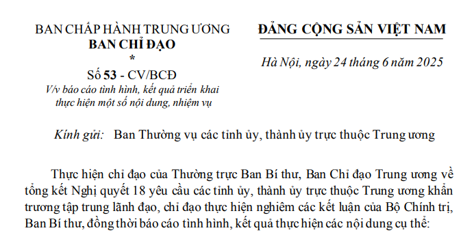 Đã có Công văn 53-CV/BCĐ báo cáo tình hình sắp xếp bộ máy tại cấp tỉnh, cấp xã mới
