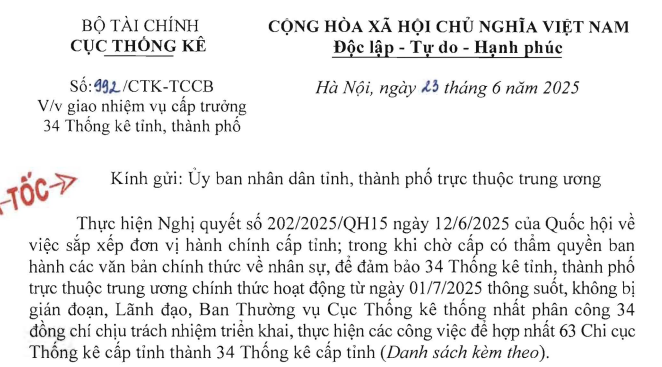 Đã có Công văn 992/CTK-TCCB giao nhiệm vụ cấp trưởng 34 Thống kê tỉnh, thành phố