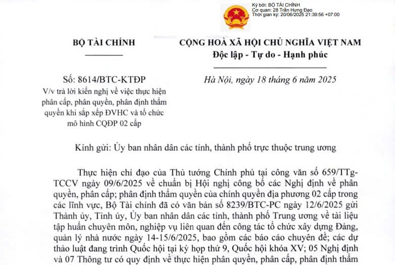 Công văn 8614: Bộ Tài chính trả lời kiến nghị về phân cấp phân quyền khi tổ chức chính quyền địa phương 02 cấp 