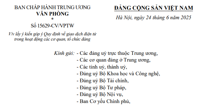 Đã có Công văn 15629-CV/VPTW lấy ý kiến về Quy định giao dịch điện tử trong cơ quan, tổ chức đảng