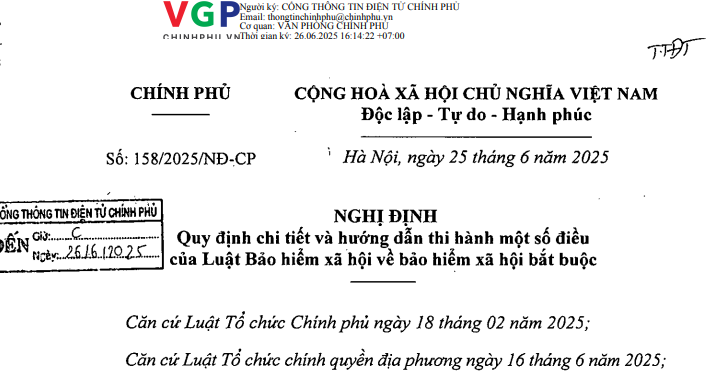 Đã có Nghị định 158/2025/NĐ-CP hướng dẫn Luật Bảo hiểm xã hội về bảo hiểm xã hội bắt buộc