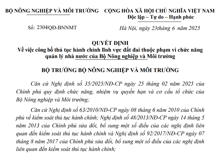 Đã có Quyết định 2304/QĐ-BNNMT công bố thủ tục hành chính lĩnh vực đất đai từ 1/7/2025