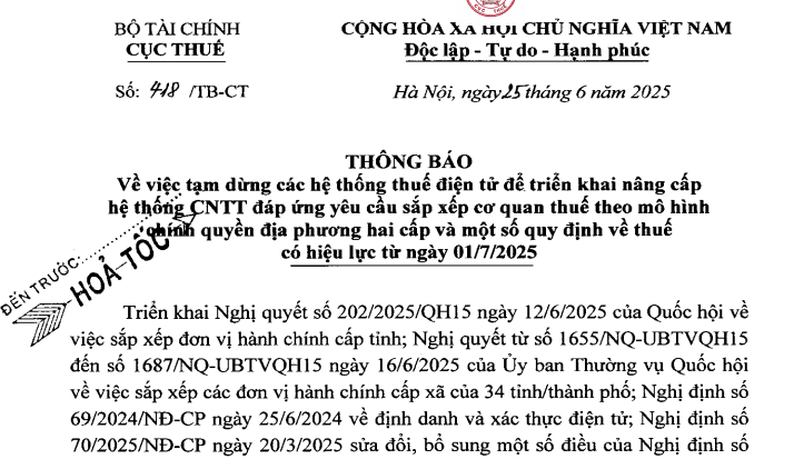 Thông báo 418/TB-CT: Tạm dừng hệ thống thuế điện tử để triển khai nâng cấp hệ thống CNTT