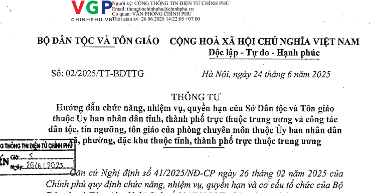 Đã có Thông tư 02/2025/TT-BDTTG về chức năng nhiệm vụ Sở Dân tộc và Tôn giáo thuộc UBND cấp tỉnh