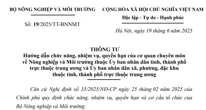 Đã có Thông tư 19/2025/TT-BNNMT về nhiệm vụ quyền hạn của Sở Nông nghiệp và Môi trường thuộc UBND tỉnh
