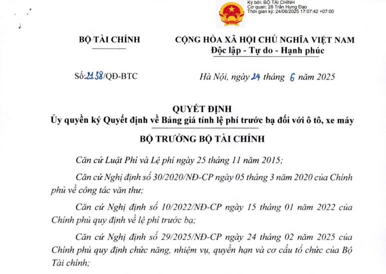 Quyết định 2138/QĐ-BTC: Uỷ quyền ký Quyết định về Bảng giá tính lệ phí trước bạ đối với ô tô, xe máy 