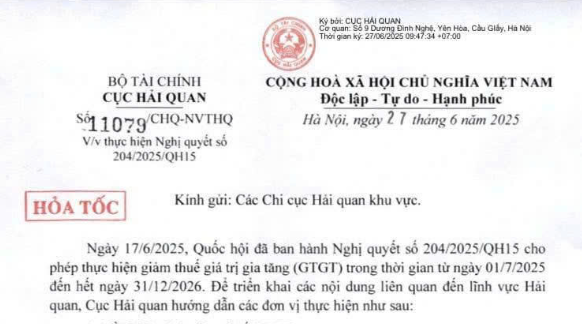Công văn 11079: Chỉ đạo hoả tốc về thực hiện Nghị quyết 204/2025/QH15 giảm 2% thuế giá trị gia tăng