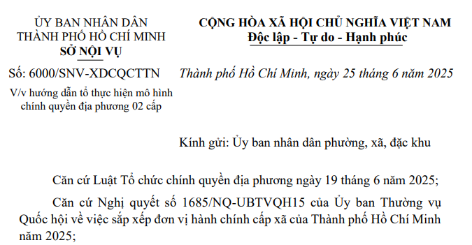 Đã có Công văn 6000/SNV-XDCQCTTN hướng dẫn tổ thực hiện mô hình chính quyền địa phương 02 cấp tại TPHCM