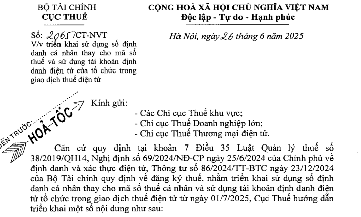 Công văn 2065/CT-NVT triển khai sử dụng số định danh cá nhân thay MST và tài khoản VNeID của tổ chức trong giao dịch thuế điện tử