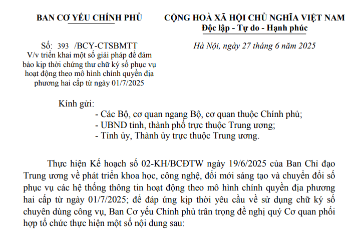 Công văn 393 triển khai giải pháp đảm bảo chứng thư chữ ký số phục vụ chính quyền 2 cấp từ 01/7/2025 của Ban Cơ yếu Chính phủ