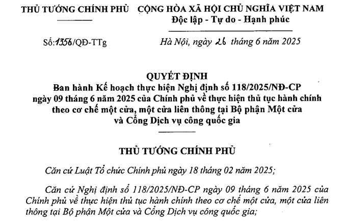 Quyết định 1356/QĐ-TTg: Kế hoạch thực hiện Nghị định 118/2025 về thủ tục hành chính theo cơ chế một cửa