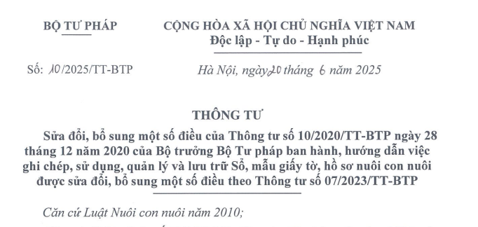 Đã có Thông tư 10/2025/TT-BTP sửa đổi quy định về mẫu giấy tờ, hồ sơ nuôi con nuôi