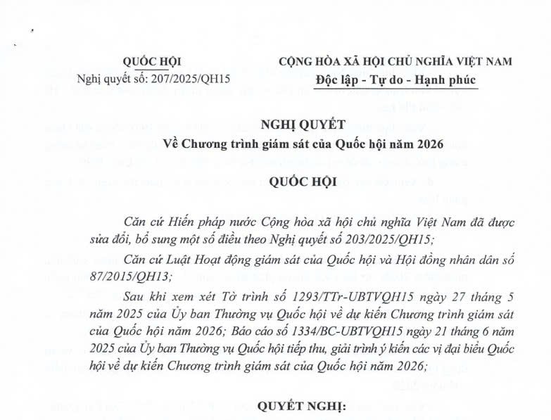 Đã có Nghị quyết 207/2025/QH15 về Chương trình giám sát của Quốc hội năm 2026 