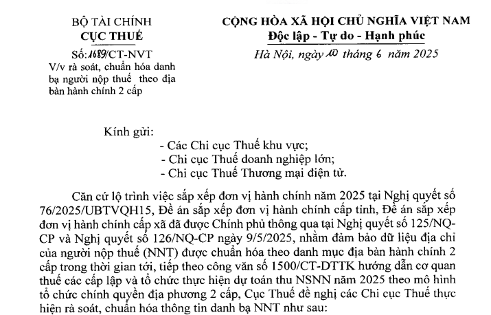 Đã có Công văn 1689/CT-NVT rà soát danh bạ người nộp thuế theo địa bàn hành chính 2 cấp