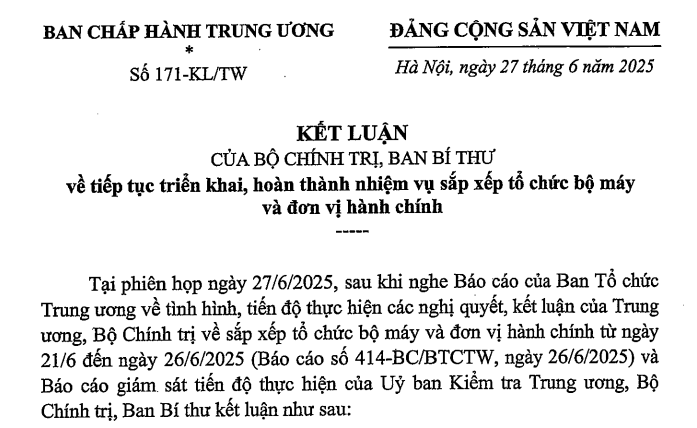 Toàn văn Kết luận 171-KL/TW tiếp tục triển khai nhiệm vụ sắp xếp bộ máy và đơn vị hành chính