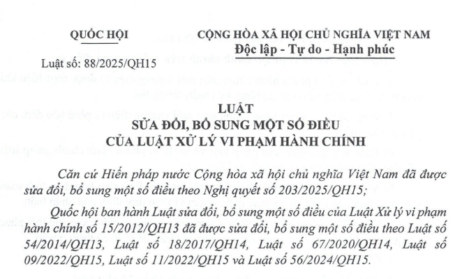 Đã có Luật sửa đổi Luật Xử lý vi phạm hành chính 2025 (Luật số 88/2025/QH15)