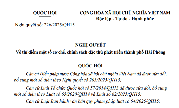 Đã có Nghị quyết 226/2025/QH15 thí điểm chính sách đặc thù phát triển thành phố Hải Phòng
