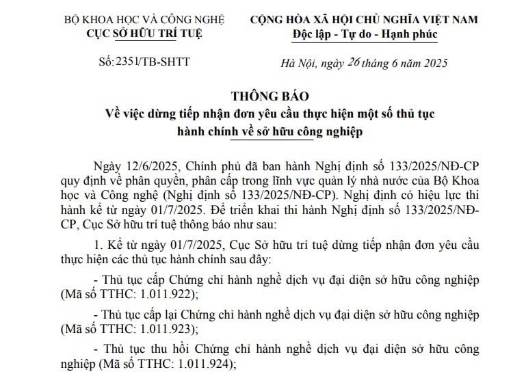 Cục Sở hữu trí tuệ thông báo dừng tiếp nhận đơn yêu cầu một số thủ tục về sở hữu công nghiệp từ 01/7/2025