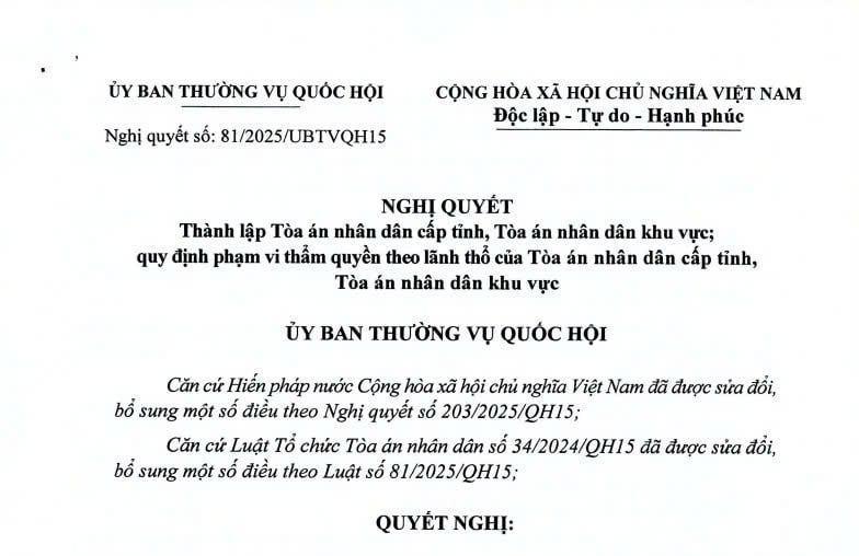 Nghị quyết 81/2025/UBTVQH15: Thành lập Tòa án nhân dân cấp tỉnh và Tòa án nhân dân khu vực từ ngày 01/7/2025 