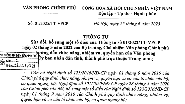 Đã có Thông tư 01/2025/TT-VPCP sửa đổi Thông tư 01 hướng dẫn Văn phòng UBND cấp tỉnh