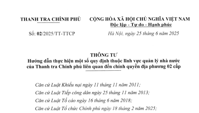 Đã có Thông tư 02/2025/TT-TTCP hướng dẫn thực hiện quy định lĩnh vực thanh tra Chính phủ