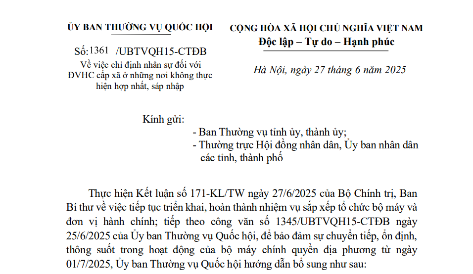 Toàn văn Công văn 1361/UBTVQH15-CTĐB chỉ định nhân sự cấp xã ở nơi không sáp nhập