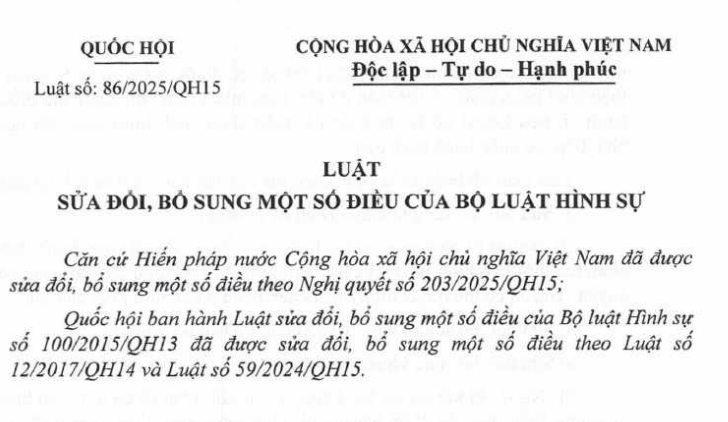 Đã có Luật sửa đổi Bộ luật Hình sự 2025, Luật số 86/2025/QH15