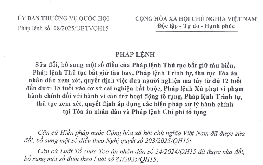 Đã có Pháp lệnh 08/2025/UBTVQH15 sửa các Pháp lệnh về thủ tục tố tụng và xử lý hành chính