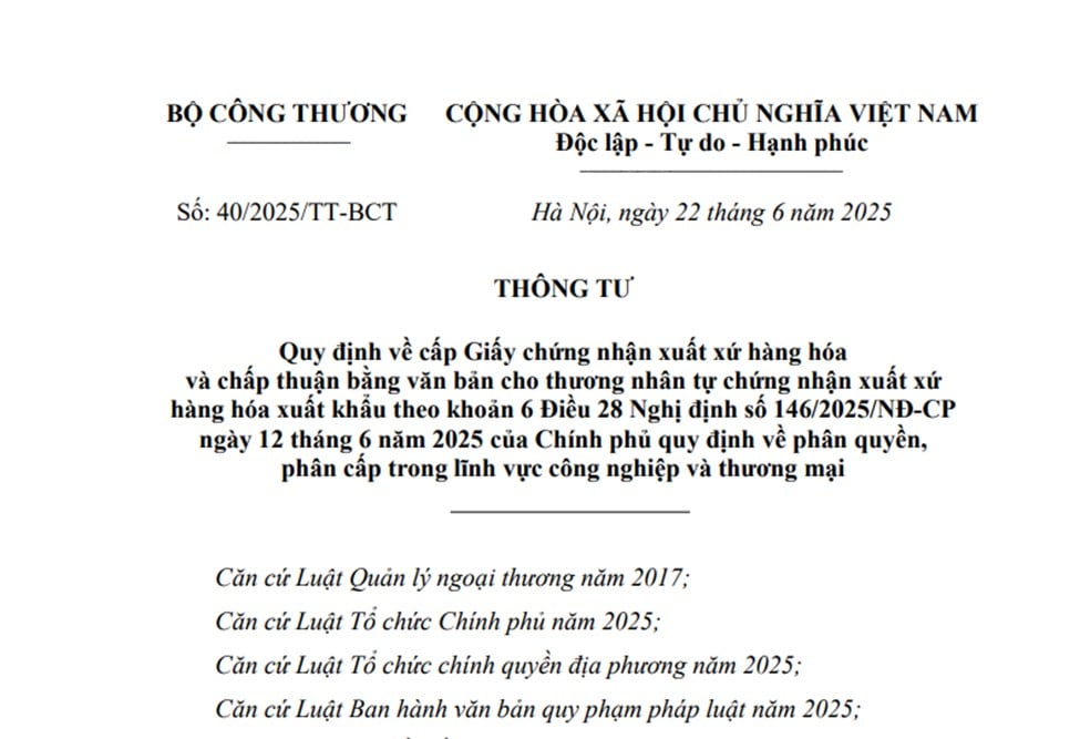 Đã có Thông tư 40/2025/TT-BCT quy định về việc cấp C/O