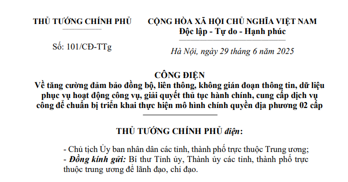 Đã có Công điện 101/CĐ-TTg đảm bảo đồng bộ thủ tục hành chính khi triển khai mô hình 02 cấp