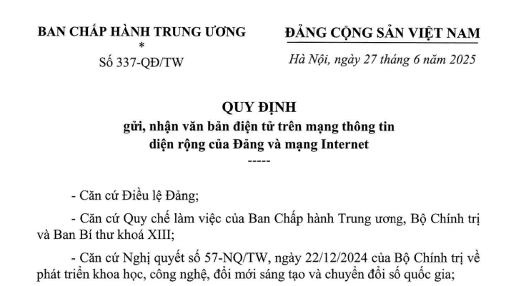 Đã có Quy định 337-QĐ/TW gửi nhận văn bản điện tử của Đảng