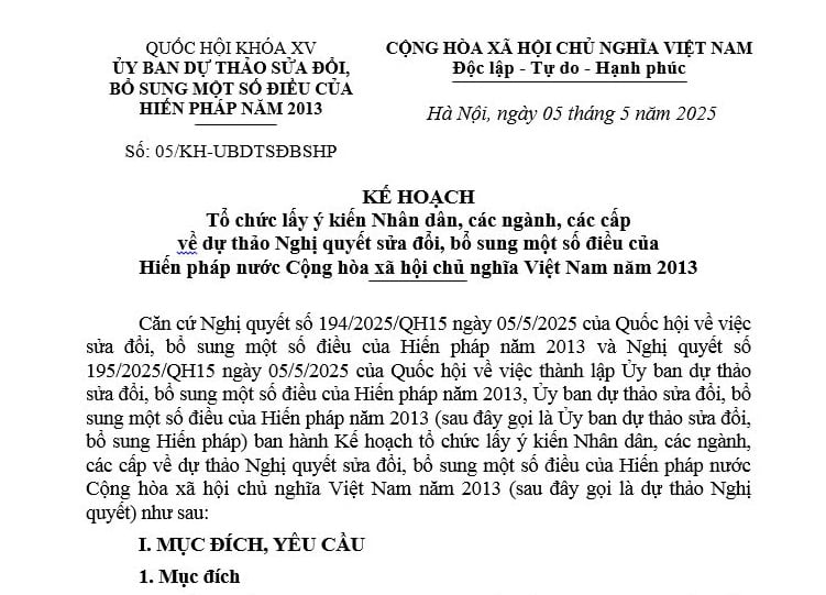 Kế hoạch 05/KH-UBDTSĐBSHP: Tổ chức lấy ý kiến Nhân dân về sửa đổi Hiến pháp 2013