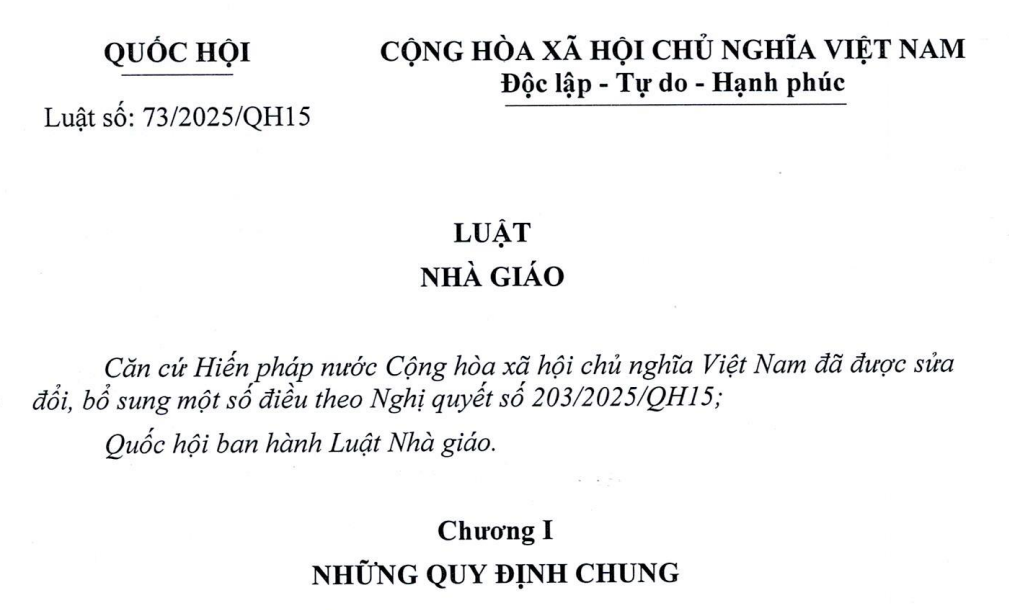 Đã có toàn văn Luật Nhà giáo 2025, Luật số 73/2025/QH15