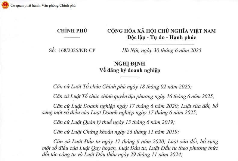 Đã có Nghị định 168/2025/NĐ-CP về đăng ký doanh nghiệp từ ngày 01/7/2025 thay thế Nghị định 01/2021
