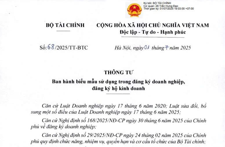 Toàn văn Thông tư 68/2025/TT-BTC biểu mẫu đăng ký doanh nghiệp, đăng ký hộ kinh doanh từ 01/7/2025 