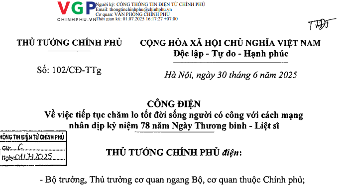 Công điện 102: Chỉ đạo mới về người có công với cách mạng nhân dịp 78 năm Ngày Thương binh - Liệt sĩ