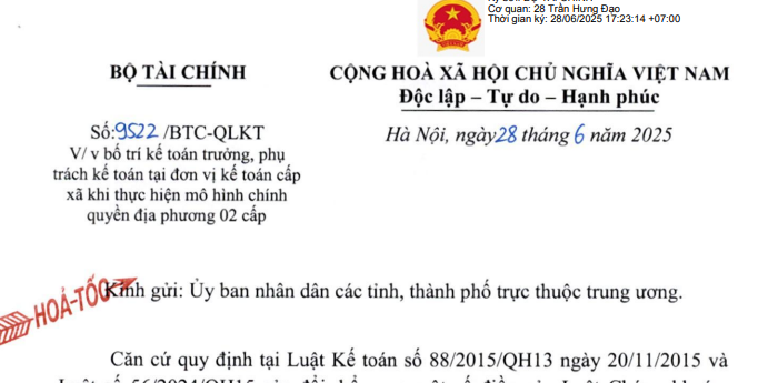 Công văn 9522: Hướng dẫn bố trí kế toán trưởng, phụ trách kế toán tại đơn vị kế toán cấp xã