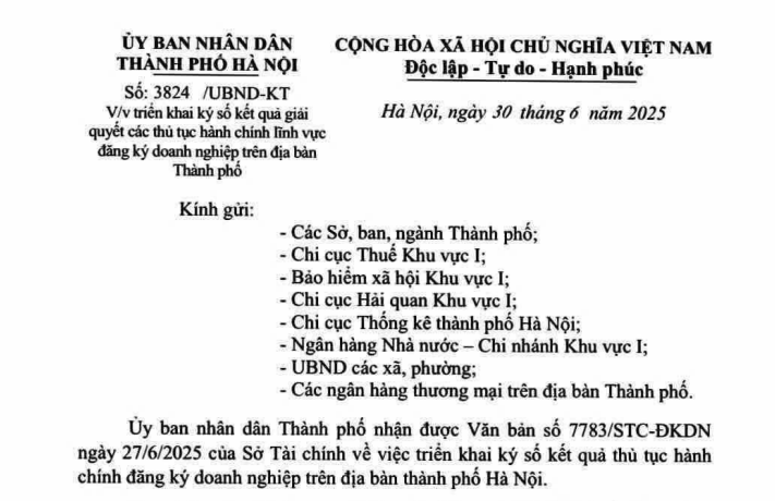 Công văn 3824 triển khai ký số kết quả thủ tục hành chính đăng ký doanh nghiệp tại Hà Nội